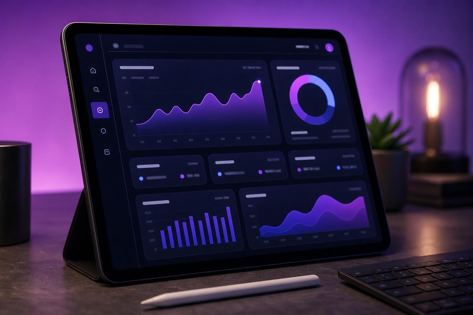 SaaS dashboard on a tablet with financial data, purple-to-blue gradients, and glassmorphic cards.