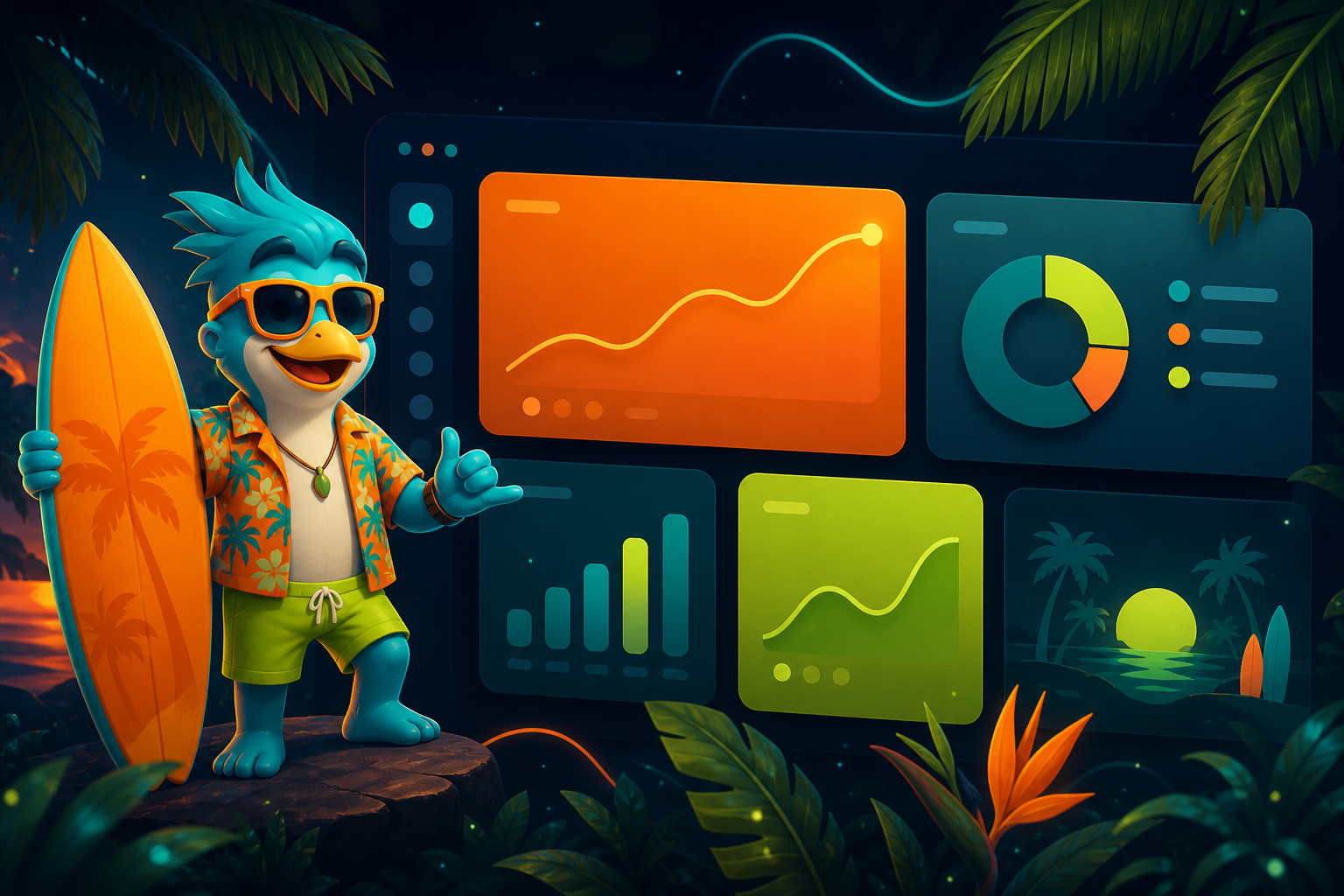 Surfer mascot character with tropical orange, teal and lime UI panels.