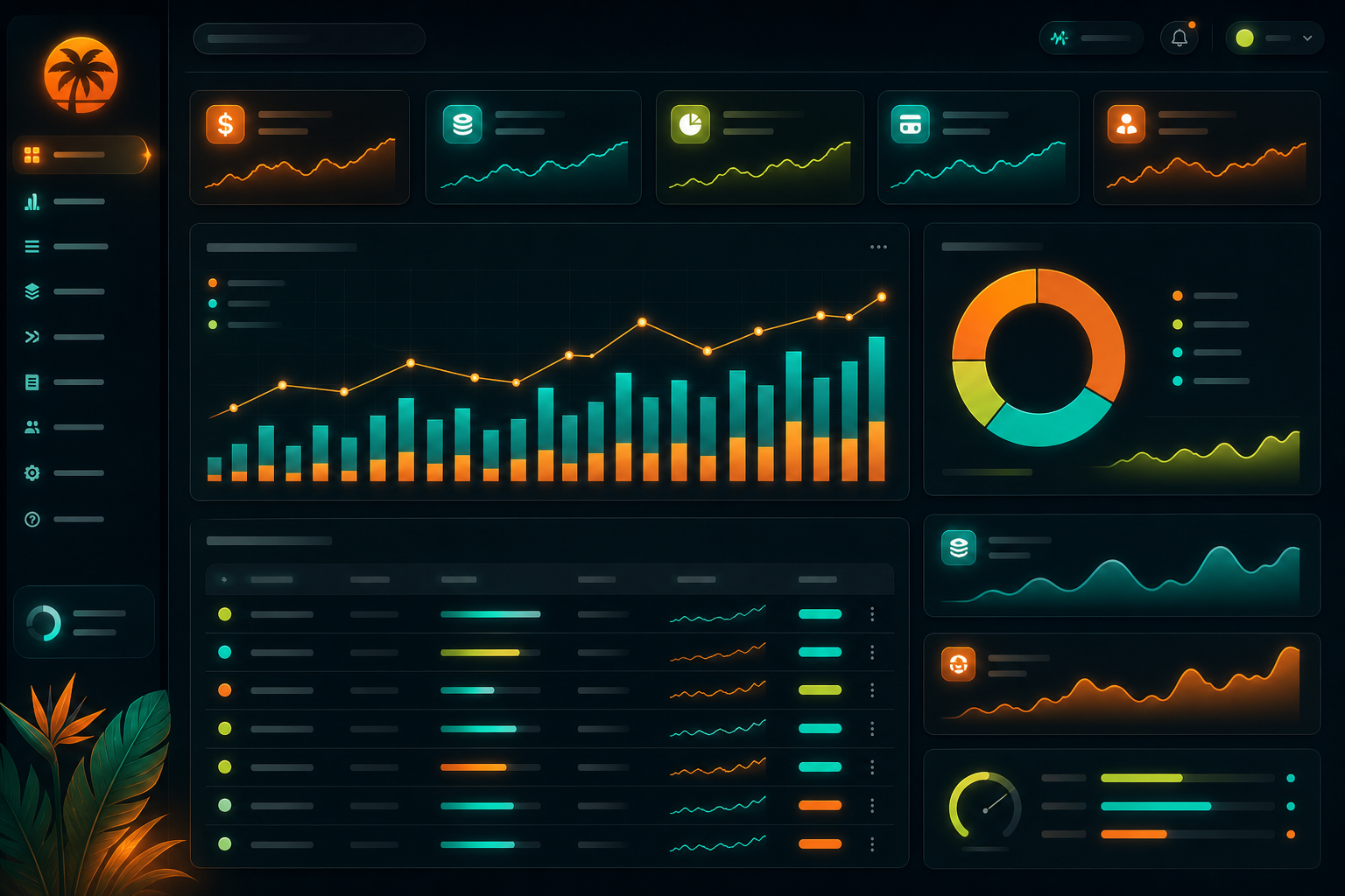 Operations dashboard with ledger tables and indigo KPI tiles in dark UI.