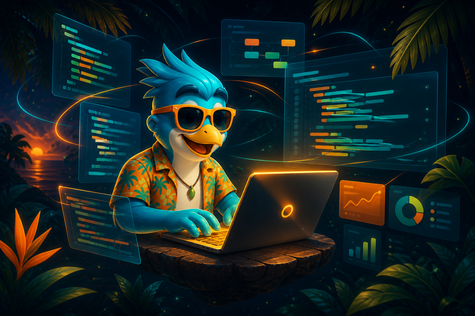 Tropical mascot coding at a laptop while product panels orbit during week two build.