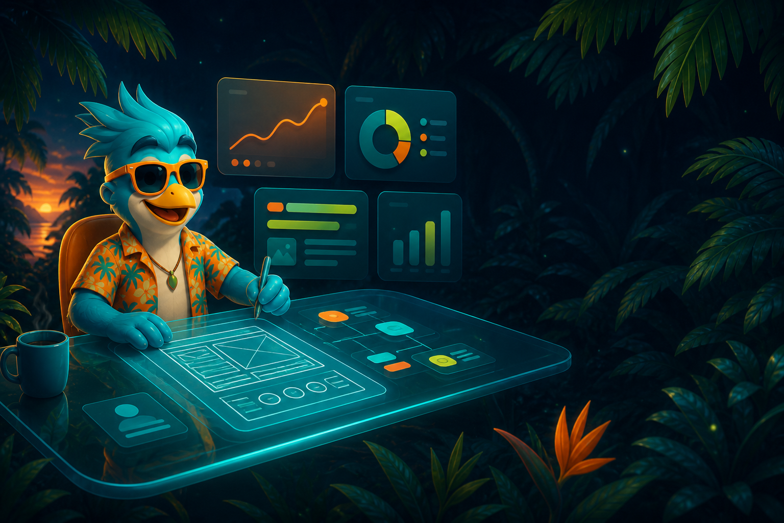 Tropical mascot reviewing floating UX wireframes and user-flow boards during week one strategy.