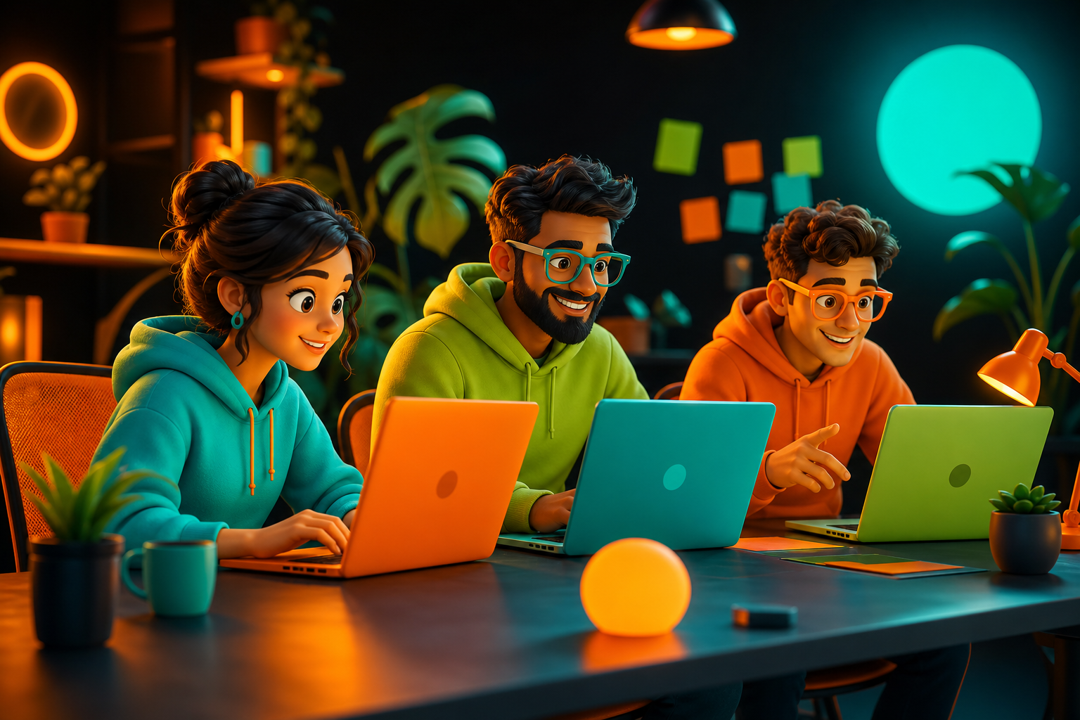Abstract portrait of focused engineering team silhouettes with code reflections, premium dark aesthetic.