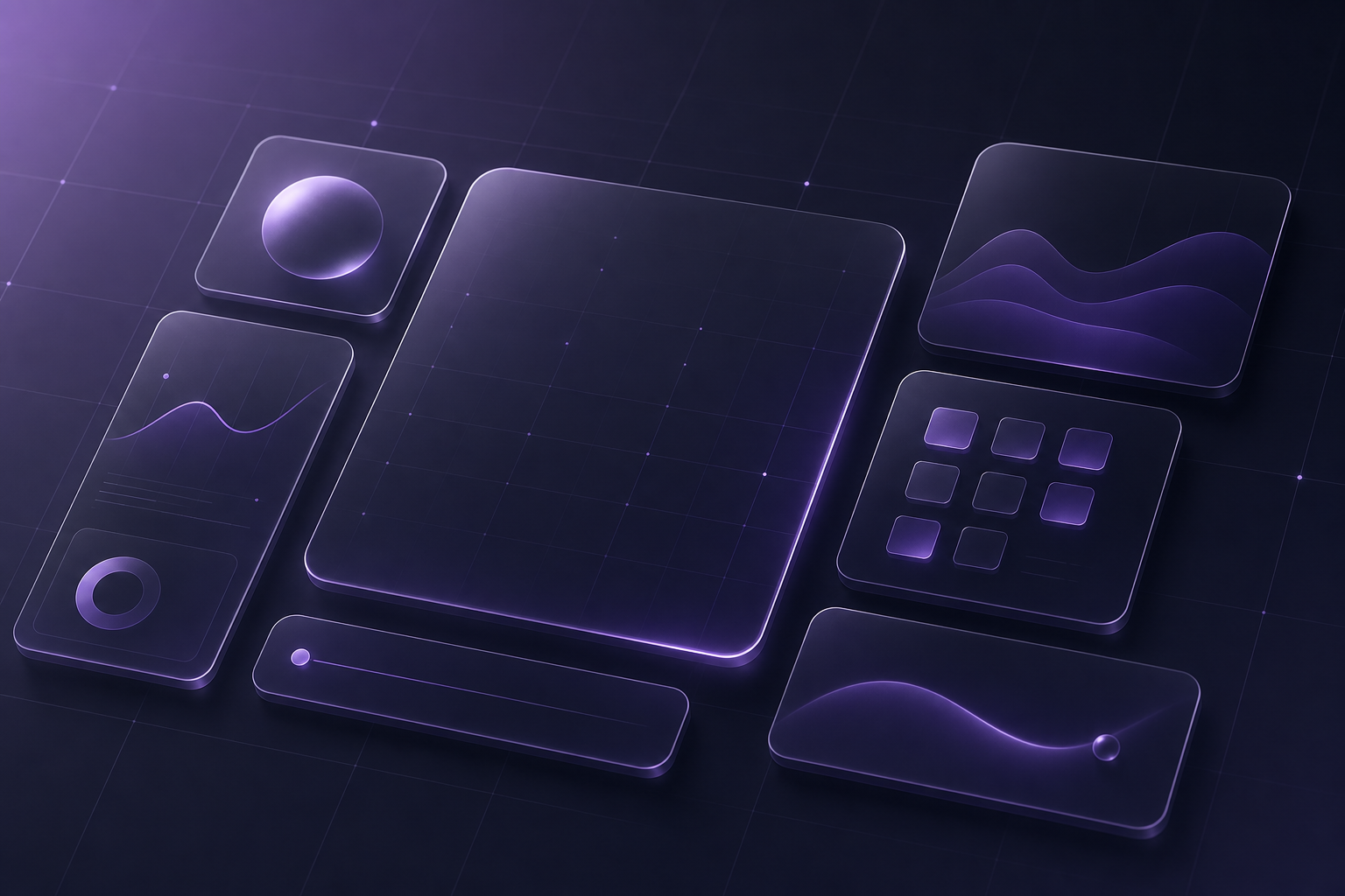 Minimal modern UI composition with glass panels and soft purple glow on charcoal.