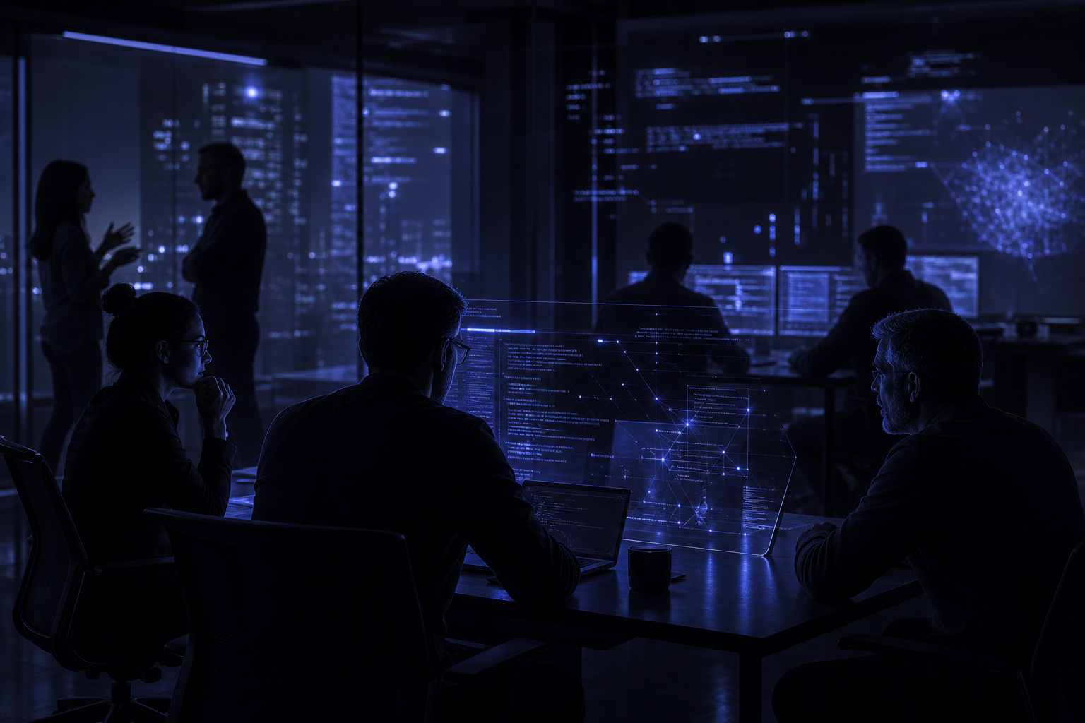 Abstract portrait of focused engineering team silhouettes with code reflections, premium dark aesthetic.