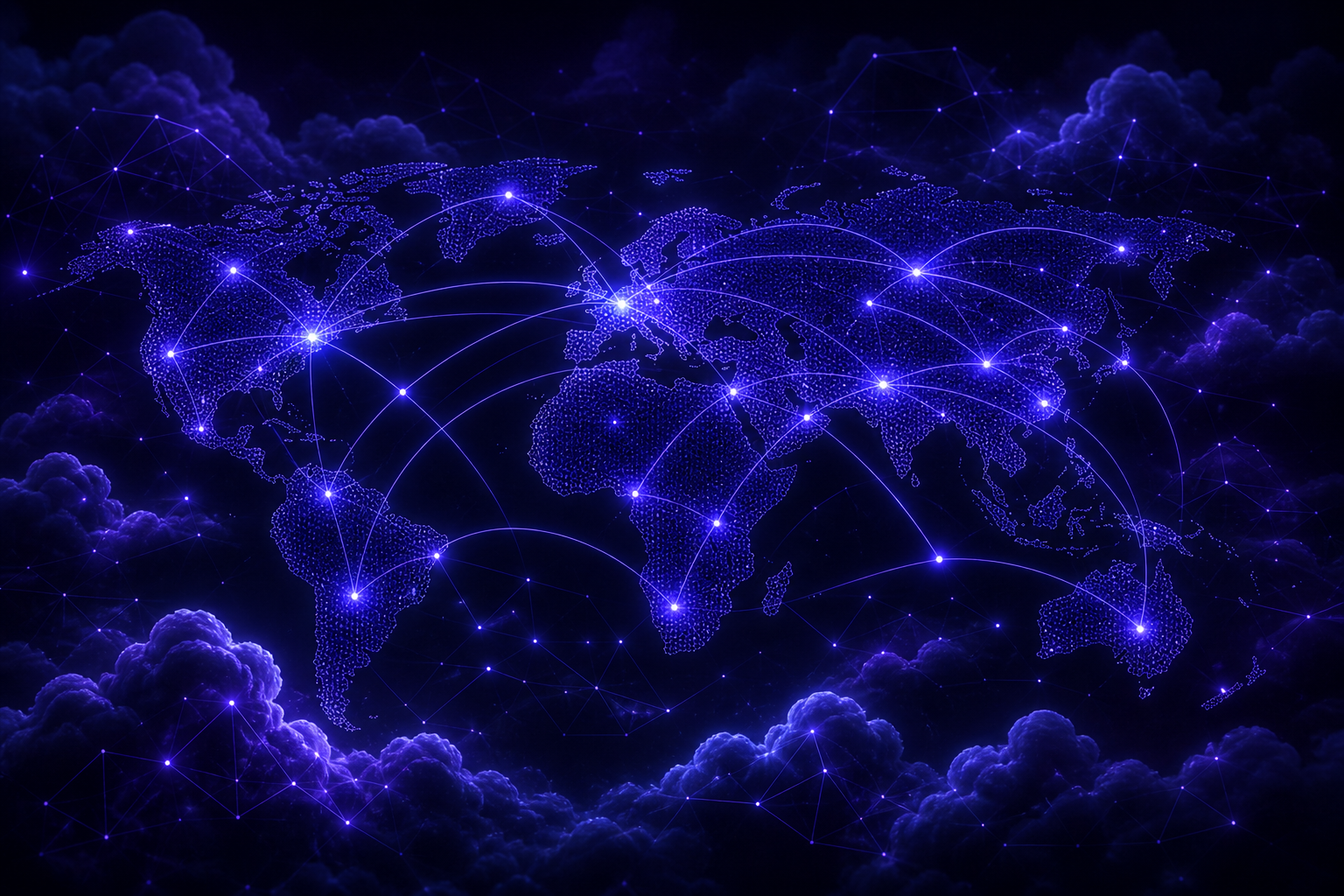 Abstract world network cloud nodes with electric indigo connections on dark background.