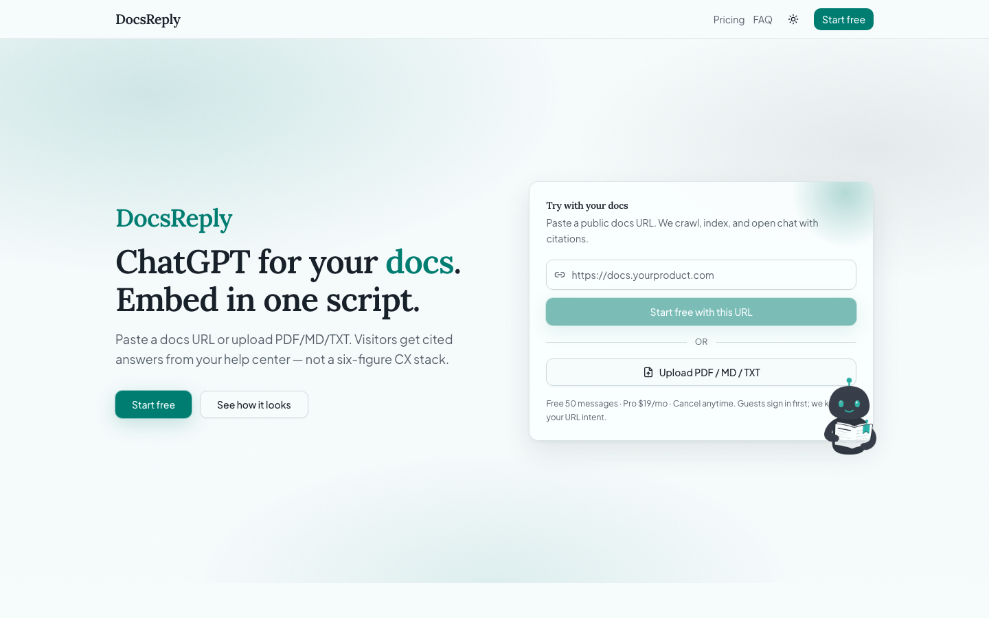 DocsReply landing with docs chat hero and try-it card
