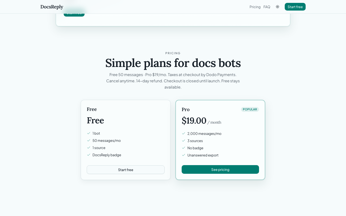 DocsReply pricing with Free and Pro $19/mo; checkout closed until launch
