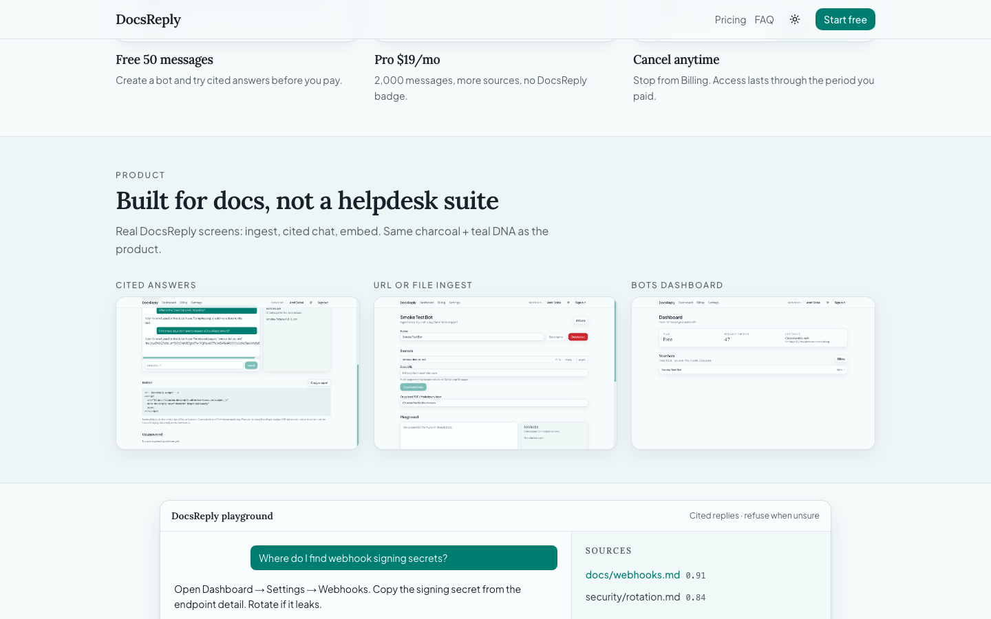 DocsReply product tour with ingest, cited chat, embed, and dashboard previews