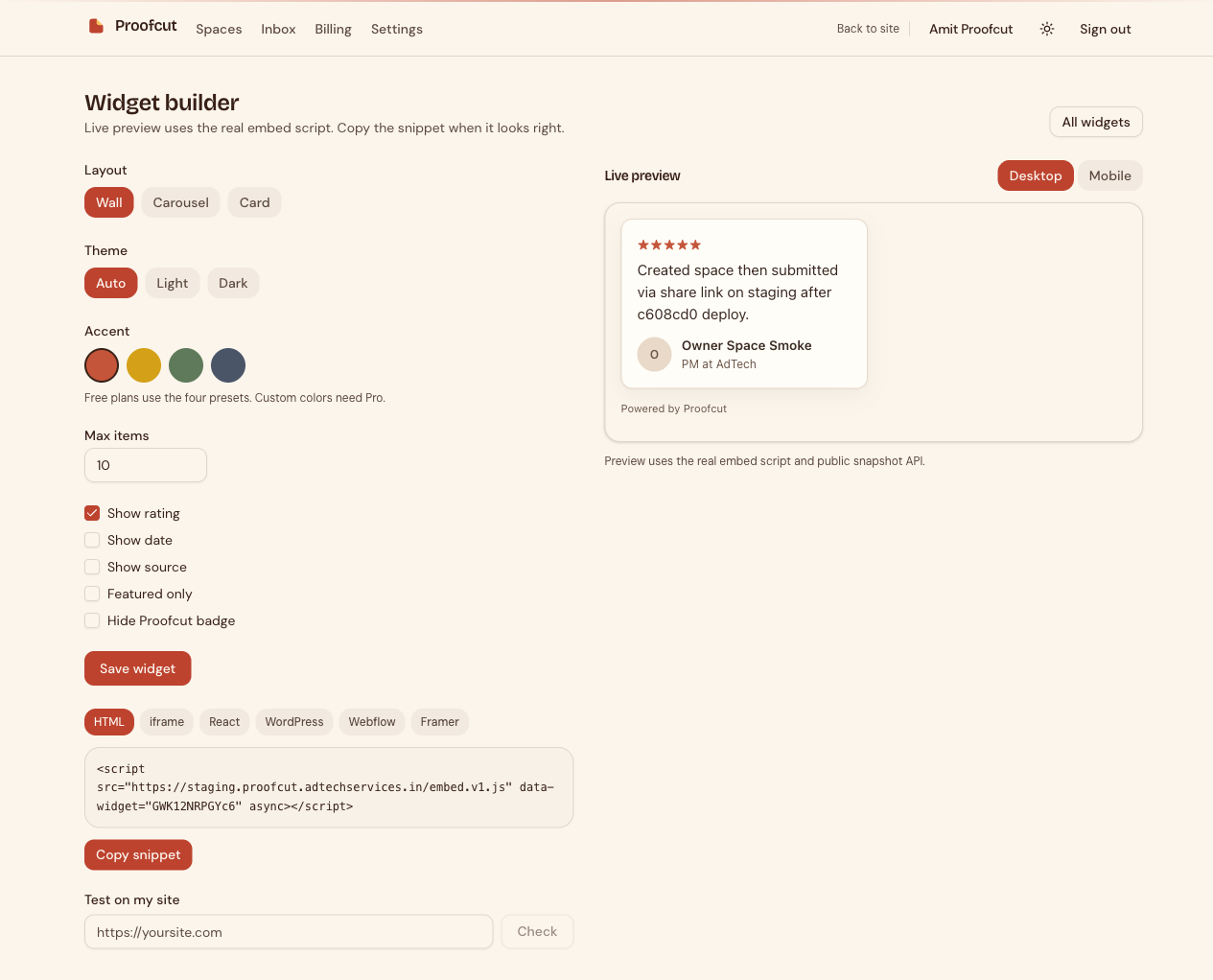 Proofcut widget builder with layout controls and live embed preview