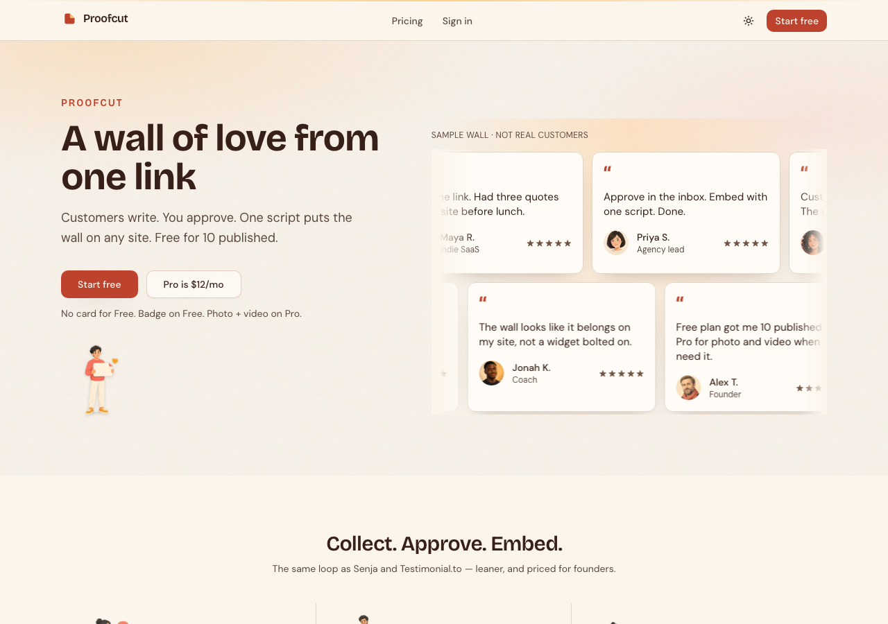 Proofcut marketing landing with sample wall of love preview