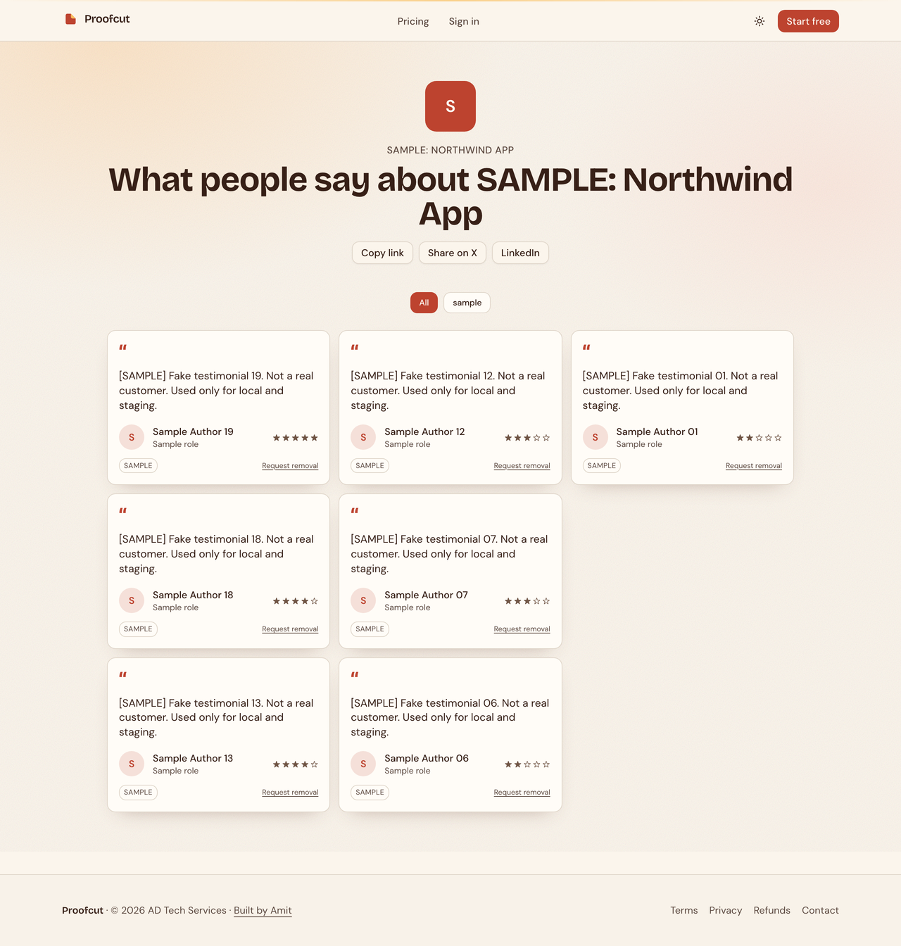 Public Proofcut wall page showing sample testimonials