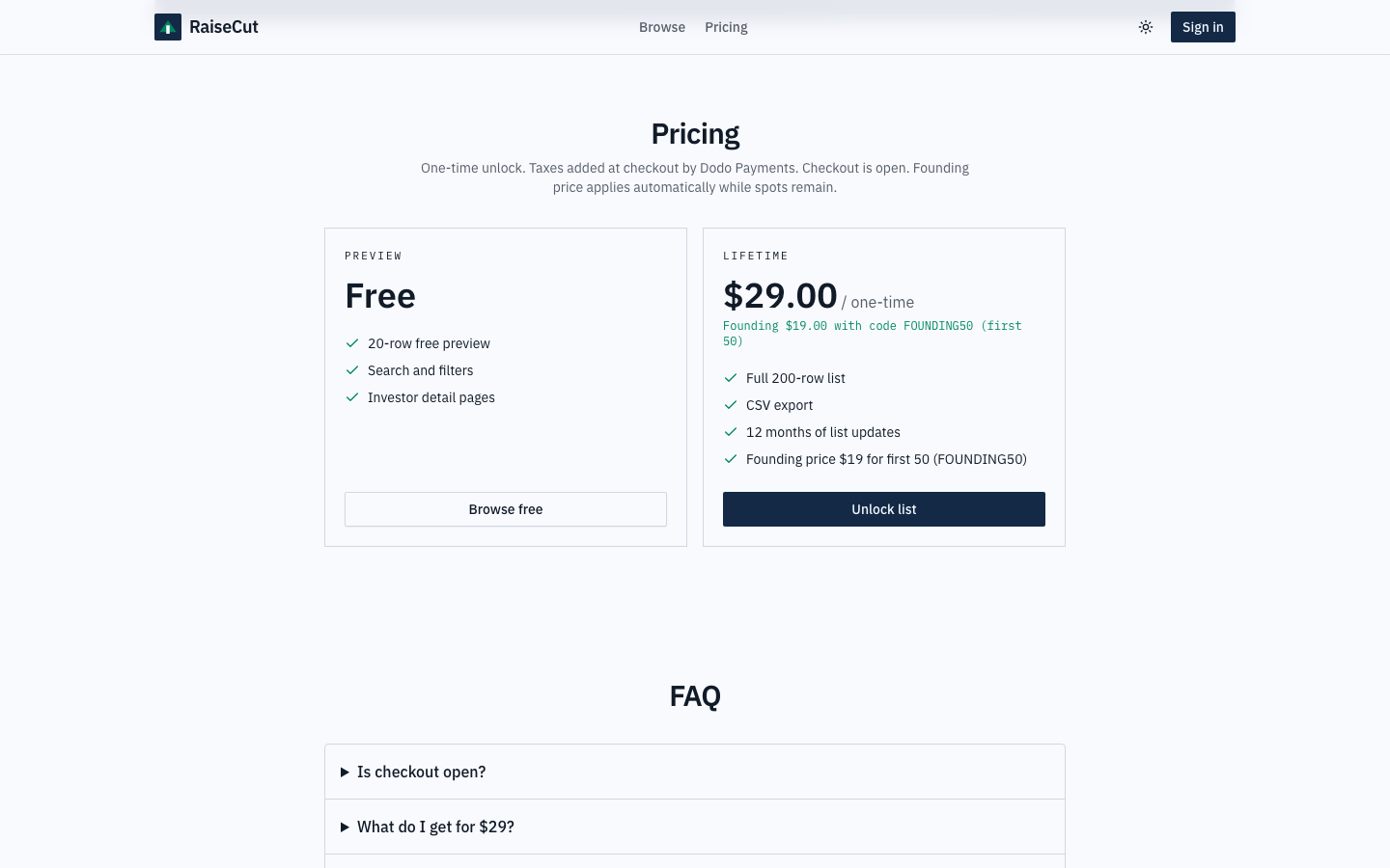 RaiseCut pricing with free preview and $29 lifetime unlock
